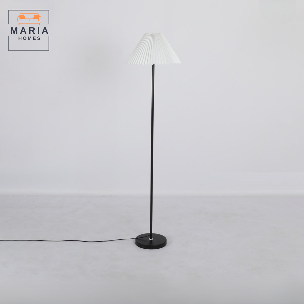 Modern Minimalist Floor Lamp – Black Metal Base with White Pleated Lampshade