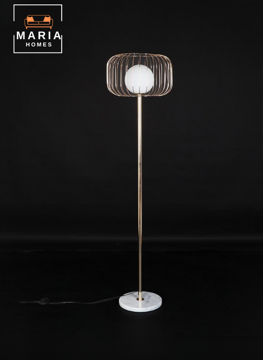 Luxury Gold Floor Lamp with Marble Base – Modern Cage Design with Globe Light