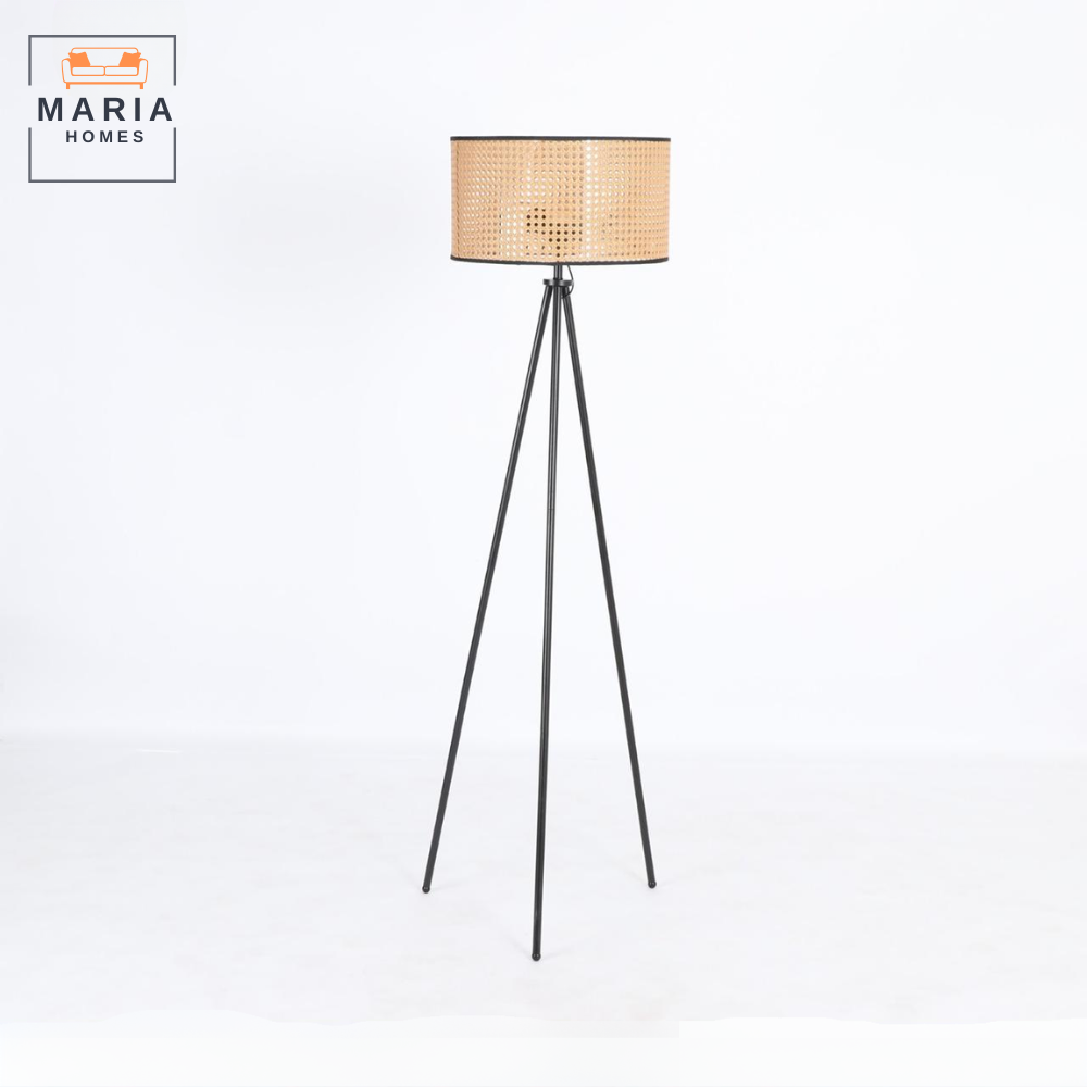 Contemporary Tripod Floor Lamp with Rattan Shade and Black Stand