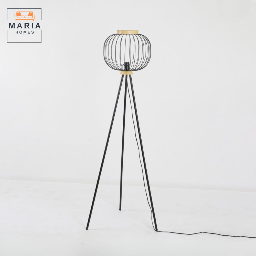 Modern Tripod Floor Lamp with Black Wire Frame and Wooden Accent